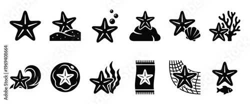 Collection of twelve black silhouette starfish icons depicting various marine life and beach-related scenarios