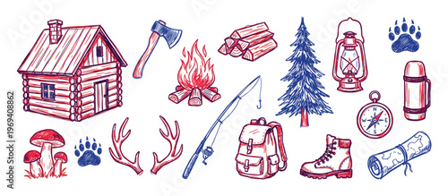 Collection of hand-drawn camping and outdoor adventure elements in red and blue sketch style, featuring a cabin, campfire, and fishing rod
