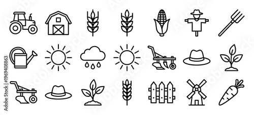 Collection of twenty black outline farming and agriculture icons, including a tractor, barn, and various crops, presented with a clean, modern aesthetic