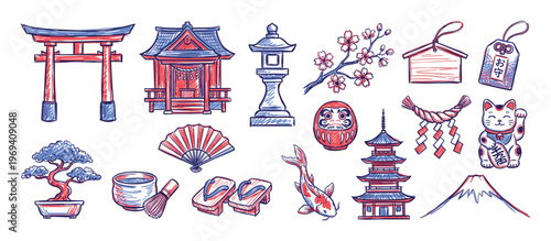 Collection of hand-drawn Japanese cultural symbols, including a torii gate, pagoda, bonsai, and Maneki-neko, in a doodle style