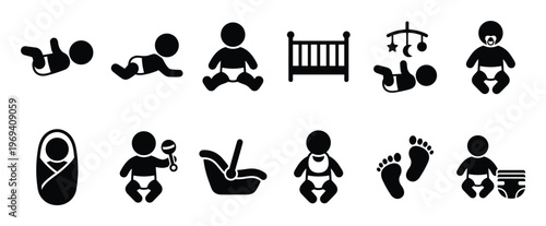 Collection of black silhouette baby icons depicting various stages of infancy and related items, presented in a clean, graphic style