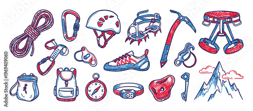 Collection of hand-drawn climbing equipment and mountaineering gear illustrations with a vibrant red and blue sketch style