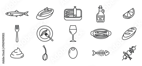 Collection of black outline icons depicting various sardine and anchovy dishes, ingredients, and dining elements