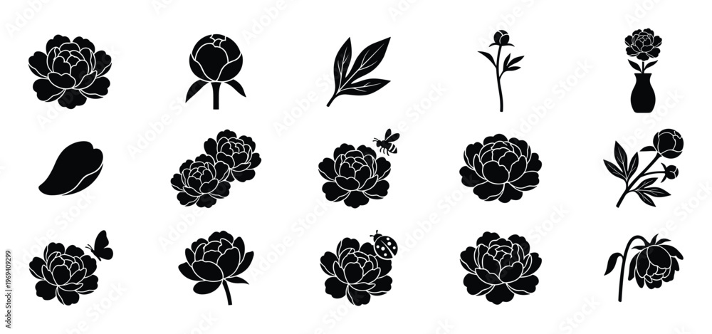 Fototapeta premium Collection of black silhouette peony flowers, buds, leaves, and insects in various arrangements, presented as vector icons