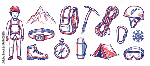 Collection of hand-drawn climbing and hiking gear illustrations in red and blue, featuring a climber, mountain, backpack, and various equipment