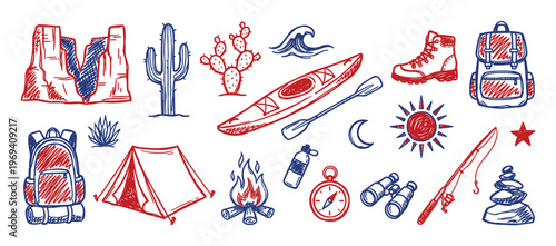 Hand-drawn red and blue outdoor adventure icons including mountains, kayak, campfire, and backpack on a white surface