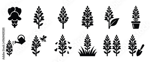 Collection of black silhouette snapdragon flower icons depicting various stages and interactions with gardening elements