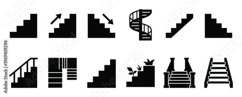 Collection of various black staircase and ladder icons, illustrating different designs and directions on a clean white surface
