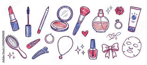 Various hand-drawn beauty and fashion items, including makeup, jewelry, and hair accessories, are illustrated in a playful sketch style with red and blue outlines