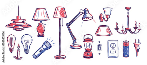 Various hand-drawn lighting elements and electrical components, including lamps, light bulbs, and power sources, are depicted in a playful sketch style