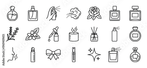 Collection of twenty black outline icons representing various perfume, fragrance, and aromatherapy items, presented in a clean, illustrative style