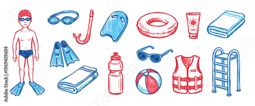 Collection of hand-drawn swimming and pool accessories, including a swimmer, goggles, snorkel, kickboard, and life vest, depicted in a playful sketch style