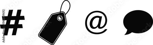 Social Media Marketing Hashtag Price Tag Mention and Chat Vector Icon Set