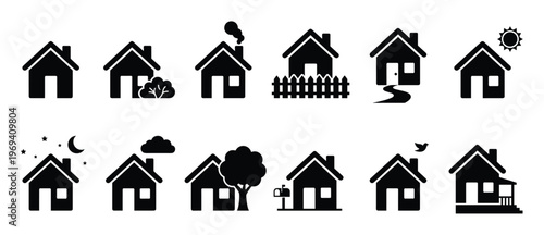 Collection of black silhouette house icons depicting various home scenarios and elements in a clean, graphic style