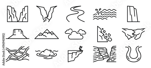 Collection of fifteen black outline icons depicting various natural landforms and geological features on a white field