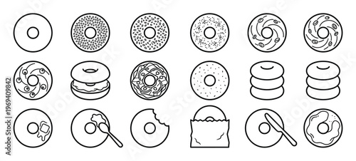 Various black outline bagel icons illustrate different toppings, preparations, and serving styles for the popular bread
