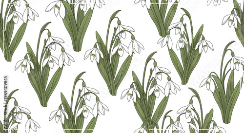 Snowdrop Flower Pattern Illustration with Green Leaves for Spring, Botanical, and Nature Designs