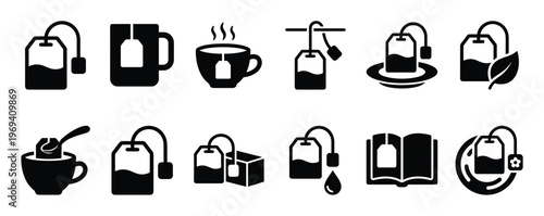 Collection of black silhouette tea bag icons and related objects, including cups, leaves, and boxes, presented as a graphic design element