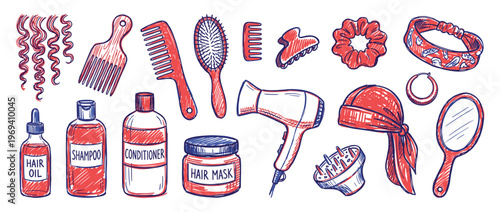 Collection of hand-drawn red and blue hair care products and styling tools in a doodle sketch style