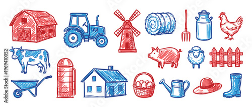 Collection of hand-drawn red and blue farm elements including animals, buildings, and tools, depicted in a sketch style