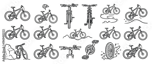 Collection of hand-drawn mountain bike illustrations and related components, featuring various angles and riding scenarios in a clean line art style