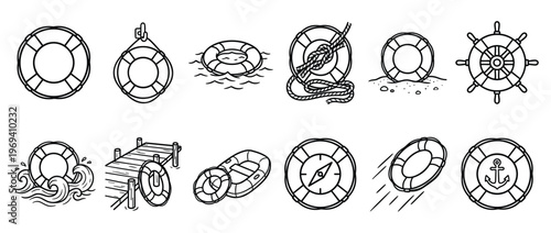 Collection of black outline lifebuoy illustrations with various nautical elements and maritime themes, presented in a clean, simple style