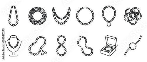 Collection of black outline pearl necklaces and bracelets in various shapes and arrangements, presented in a clean, illustrative style