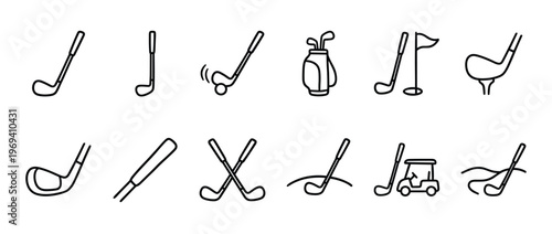 Collection of various golf-related line icons, including clubs, bags, balls, flags, and a golf cart, presented in a clean, minimalist style