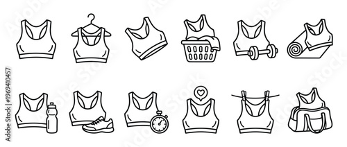 Collection of black outline sports bra icons depicting various fitness activities and accessories, rendered in a clean, minimalist style