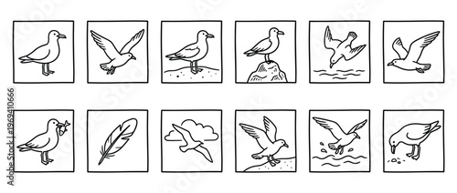 Collection of twelve simple black and white line art illustrations depicting various seagulls in different poses and activities