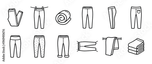 Collection of black outline drawings depicting various styles and states of pants and folded clothes