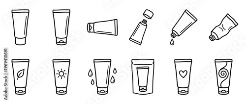 Collection of hand-drawn cosmetic cream tube icons in various positions and designs, presented in a clean, minimalist style