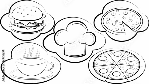 Vector icons of food and dining elements including burger pizza coffee and chef hat on plates