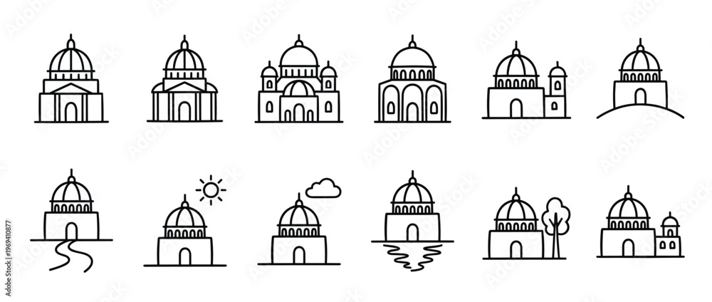 Fototapeta premium Collection of various outline icons depicting different domed buildings and architectural structures in a simple, linear style