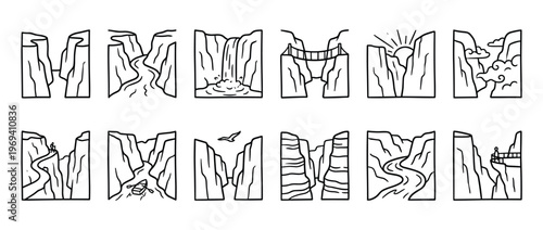 Collection of twelve simple line art illustrations depicting various canyon landscapes and natural features