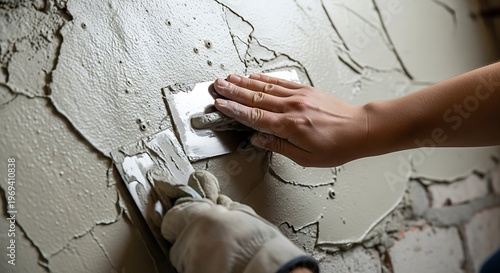 Artisan applying cement to a wall using trowel and protective gloves