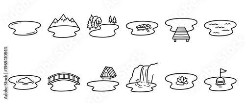 Collection of simple hand-drawn black outline icons depicting various water bodies and related elements in a clean, illustrative style