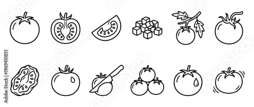 Collection of black outline tomato icons showing whole, sliced, diced, and vine-ripe forms in a clean, illustrative style
