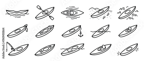 Collection of fifteen simple black outline kayak icons depicting various activities and perspectives on water and land