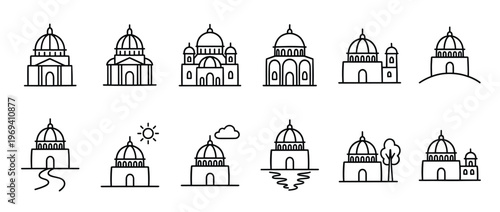 Collection of various outline icons depicting different domed buildings and architectural structures in a simple, linear style