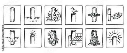 Collection of twelve hand-drawn illustrations depicting various wooden pier poles and nautical elements in a simple, clean style