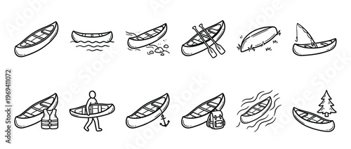 Collection of hand-drawn canoe icons illustrates various outdoor activities and elements associated with canoeing in a simple, doodle style
