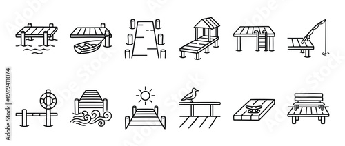 Collection of various simple black outline dock and pier icons, featuring different designs and elements, presented in a clean, graphic style