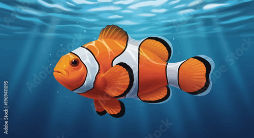 Vibrant Cartoon Clownfish Swimming in Blue Water, Orange and White.