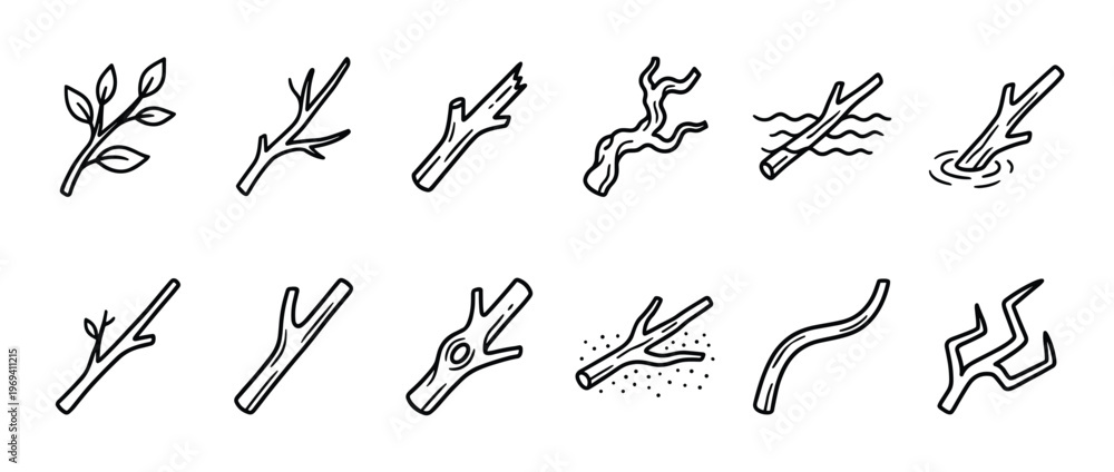 Obraz premium Collection of various hand-drawn tree branches and twigs in a simple black outline style, depicting natural elements