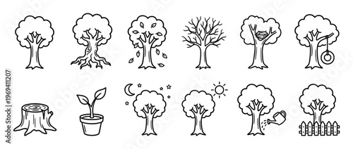Collection of simple black outline tree icons depicting various stages of growth, seasons, and activities