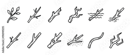 Collection of various hand-drawn tree branches and twigs in a simple black outline style, depicting natural elements