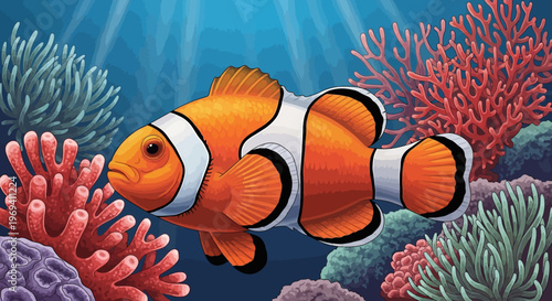 Vibrant Cartoon Clownfish with Orange, White, and Black Stripes