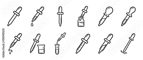 Collection of hand-drawn black outline droppers and pipettes in various styles, some with liquid drops and laboratory glassware