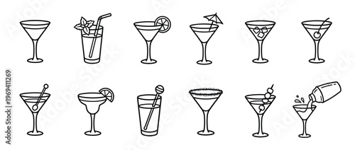 Collection of twelve simple black outline cocktail glass icons, including martinis, margaritas, and highball drinks, with various garnishes and a shaker